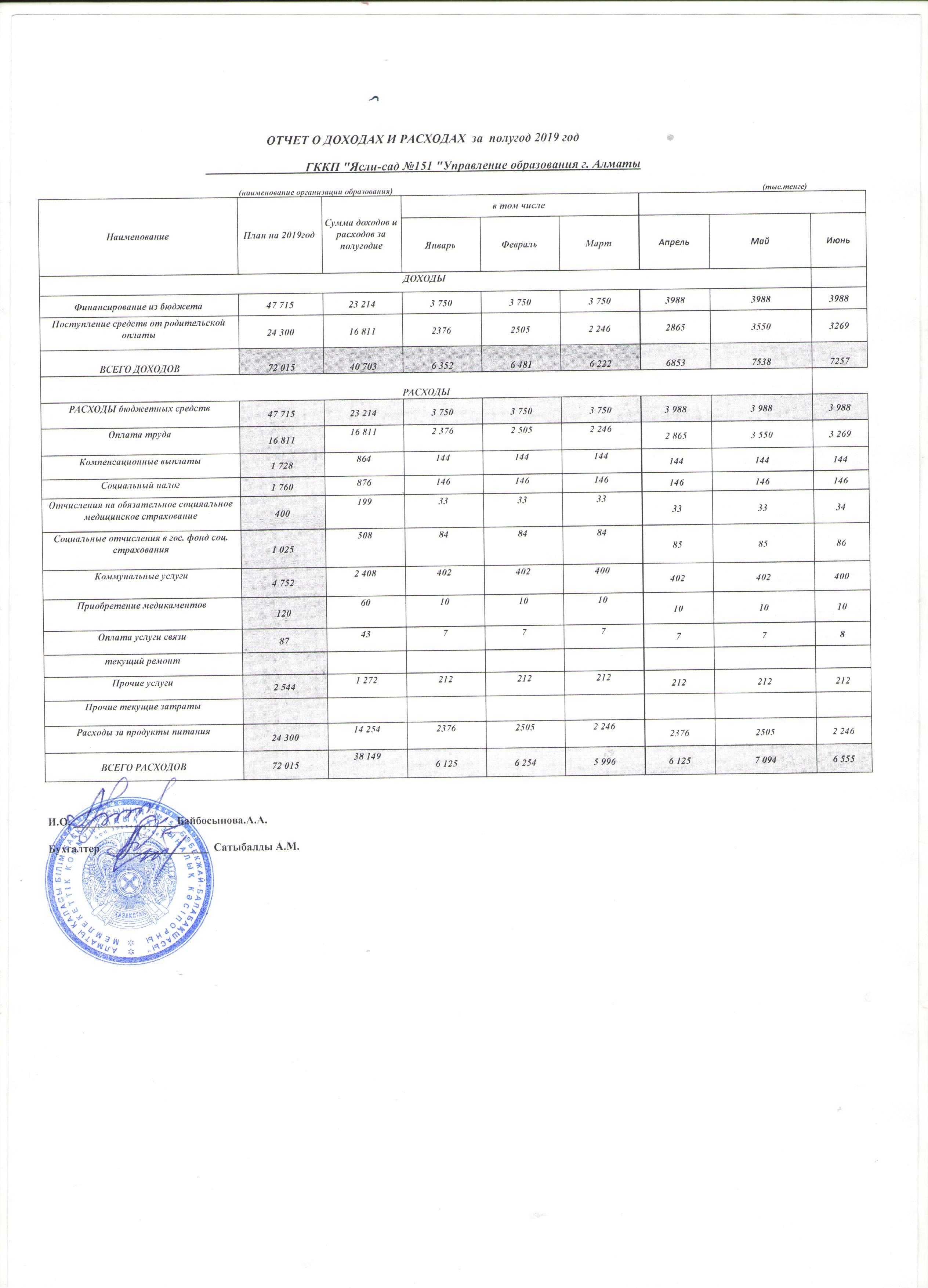 Отчет о доходах и расходах за 1 полугодие 2019года
