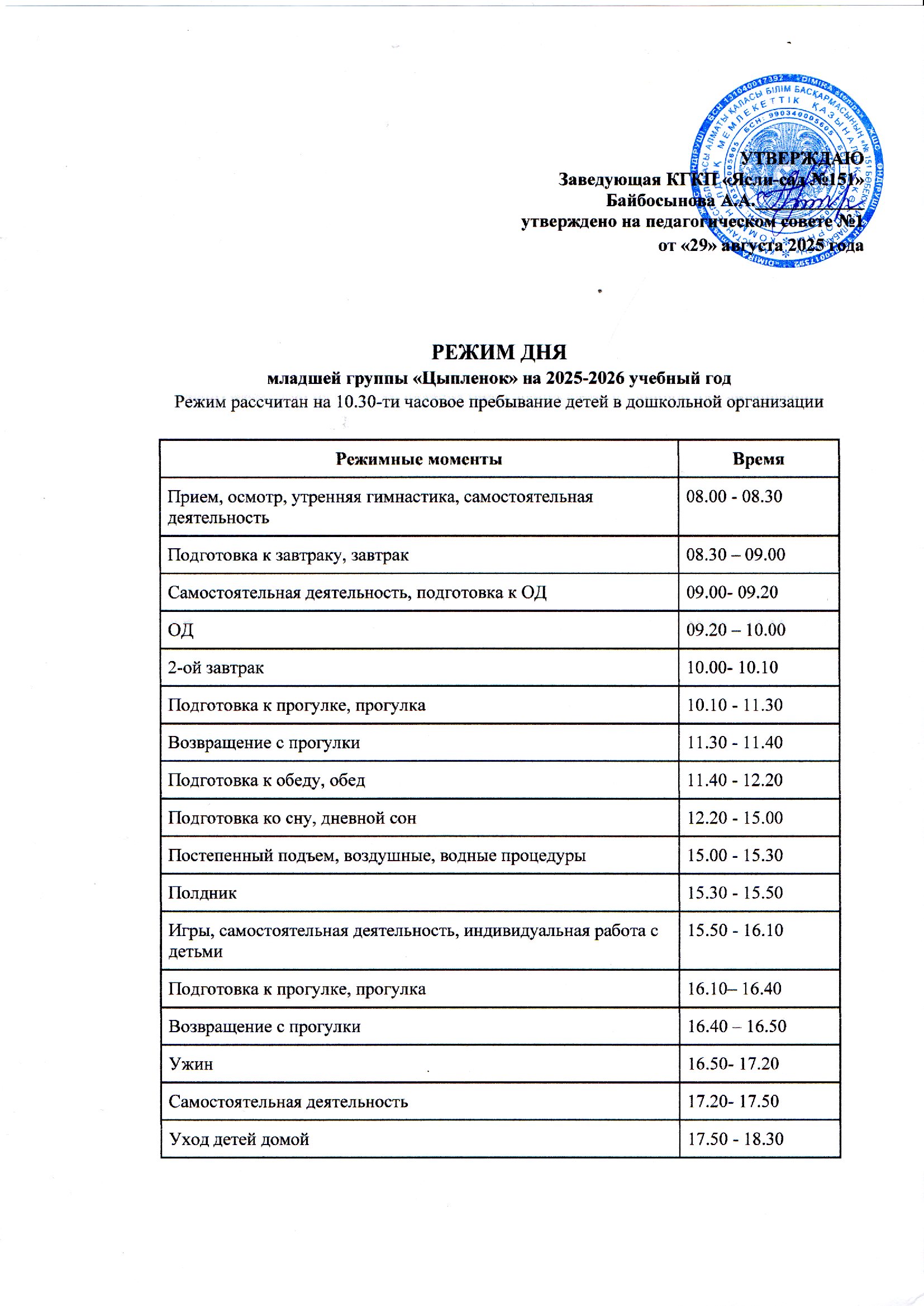 Режим дня младшей группы "Цыпленок" на 2025-2026 учебный год
