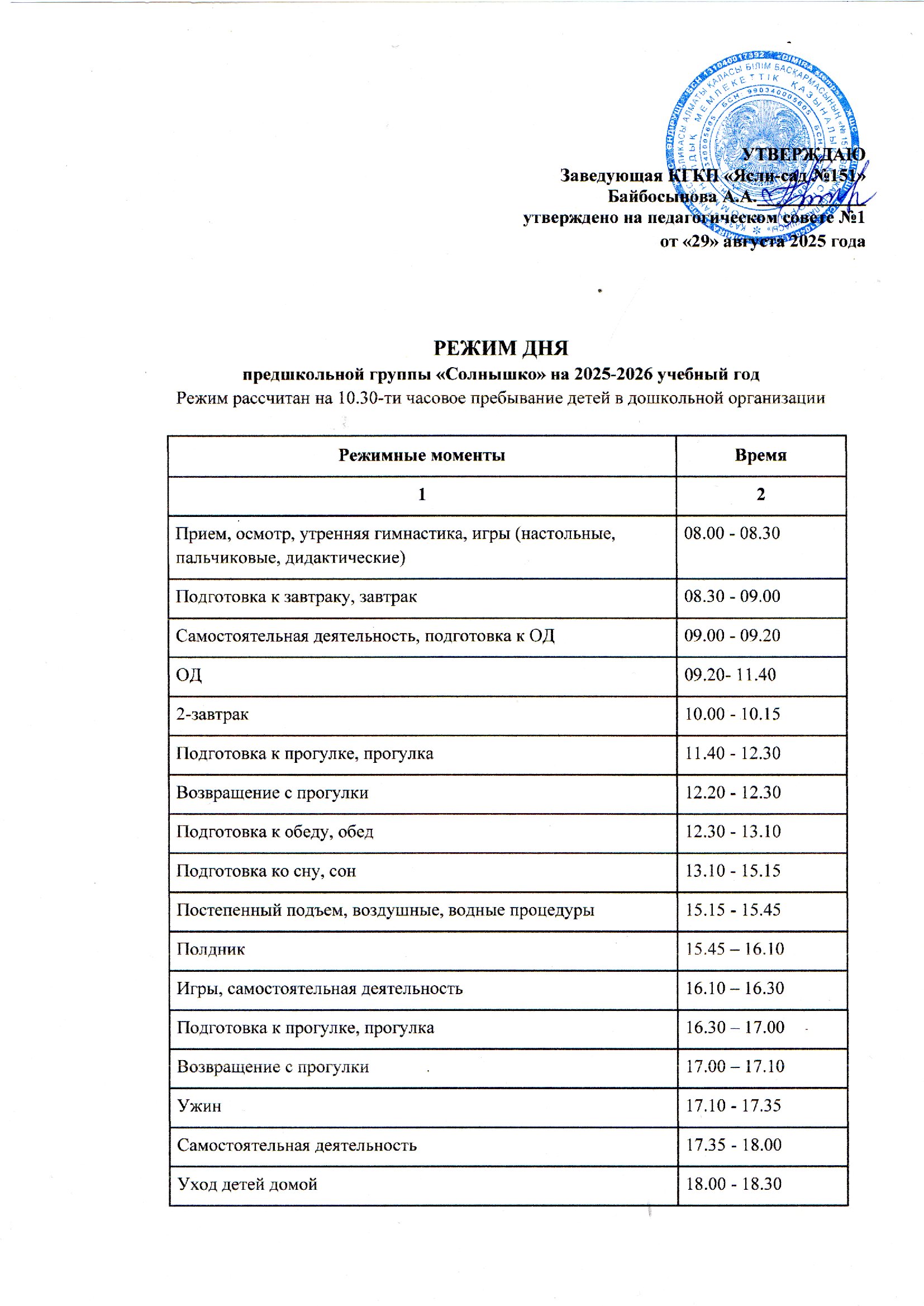 Режим дня предшкольной группы "Солнышко" на 2025-2026 учебный год